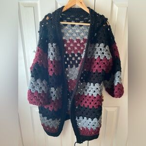 Handmade Black/Gray/Burgundy Hexagon Crochet Blanket Campfire Longline Cardigan